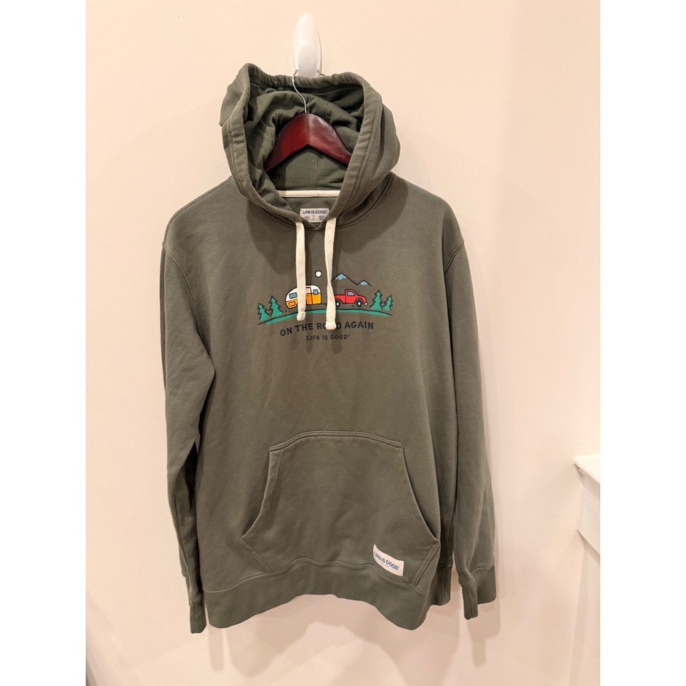 Life Is Good On The Road Again Hoodie Mens Large Green Camping‎ Graphic Pullover